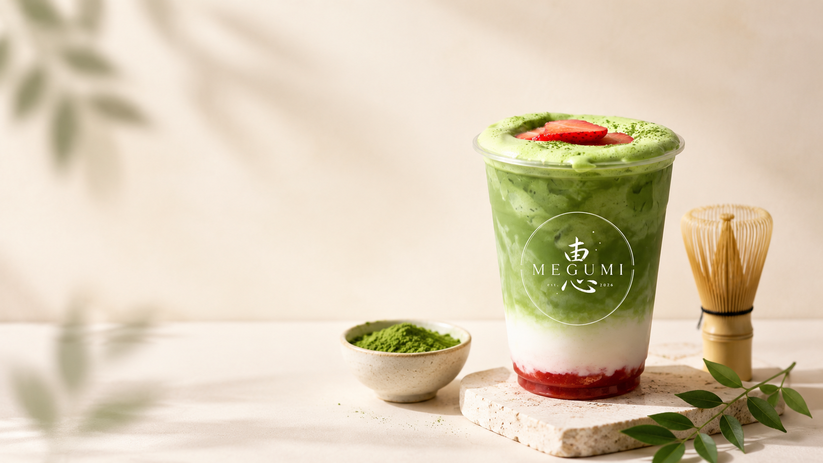 Strawberry matcha latte with ceremonial matcha tools